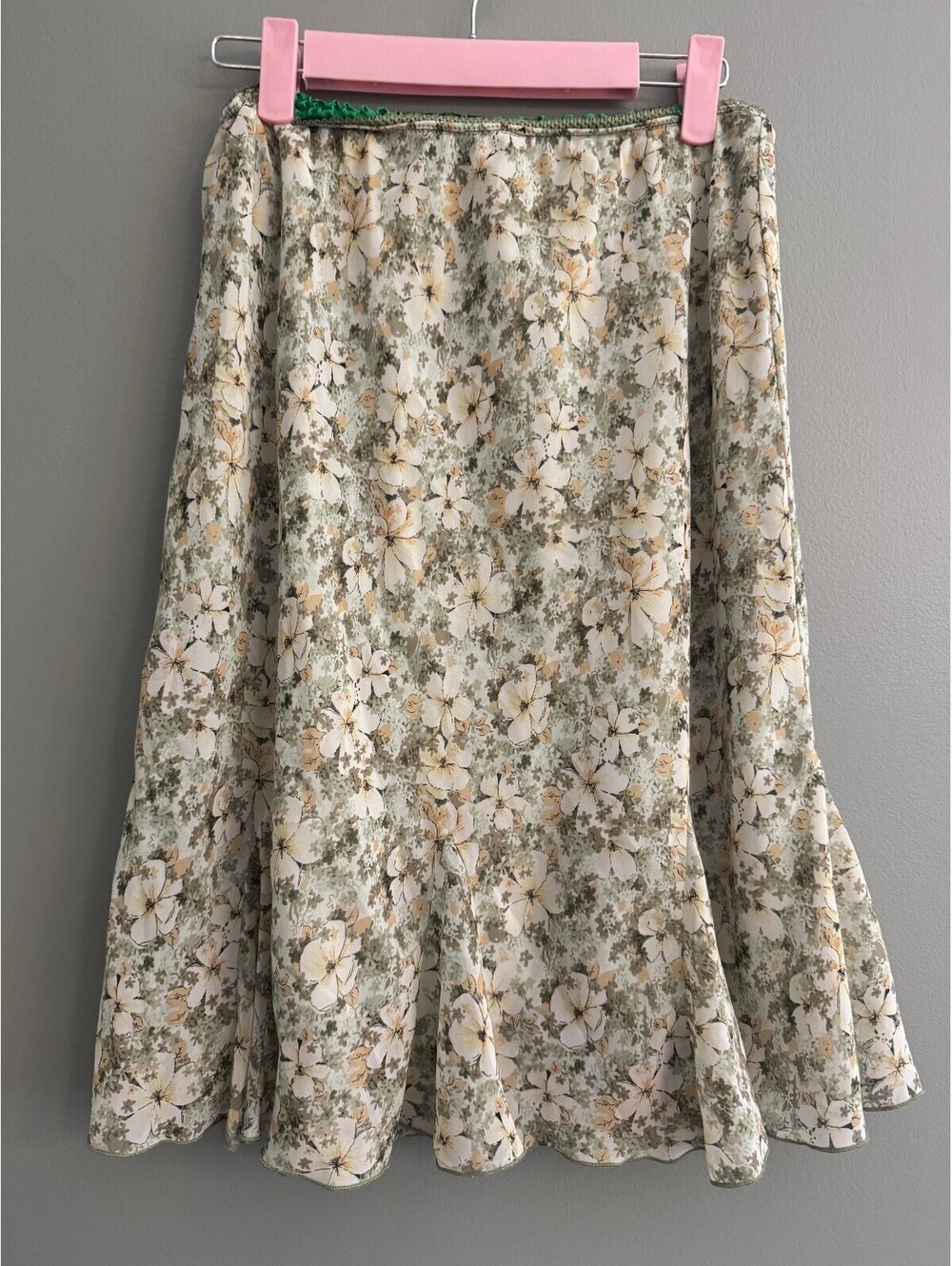 90s/Y2K Cottagecore Whimsy Floral Midi Skirt Green Cream Khaki Petite Small